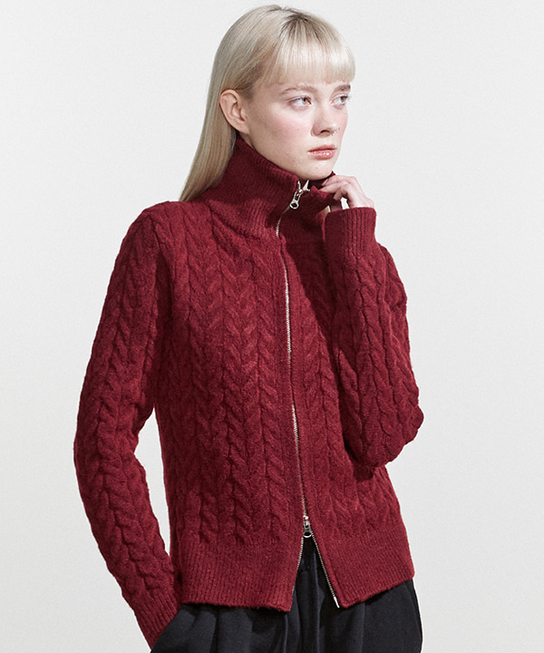 NOI779 cable knit zip up (wine)
