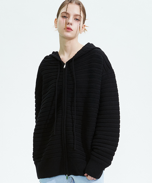 NOI848 wool hoodie zip up knit (black)