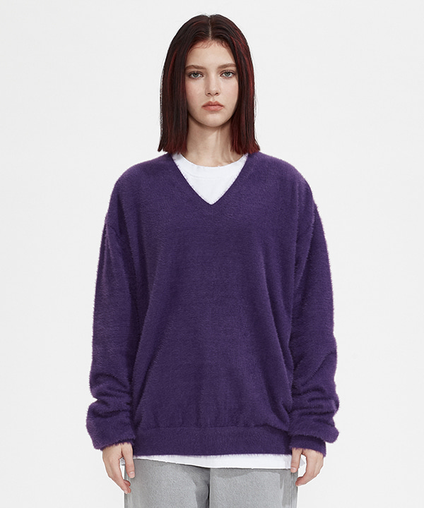 NOI735 soft fur v-neck knit (purple)