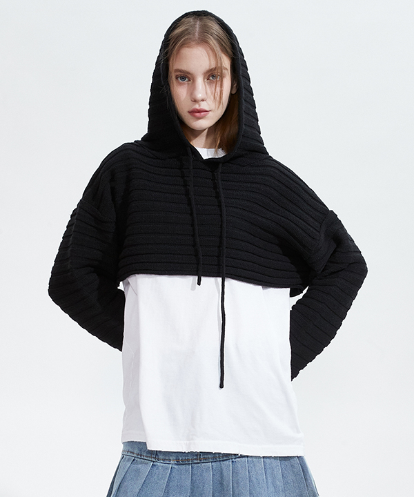 NOI833 wool crop hoodie knit (black)