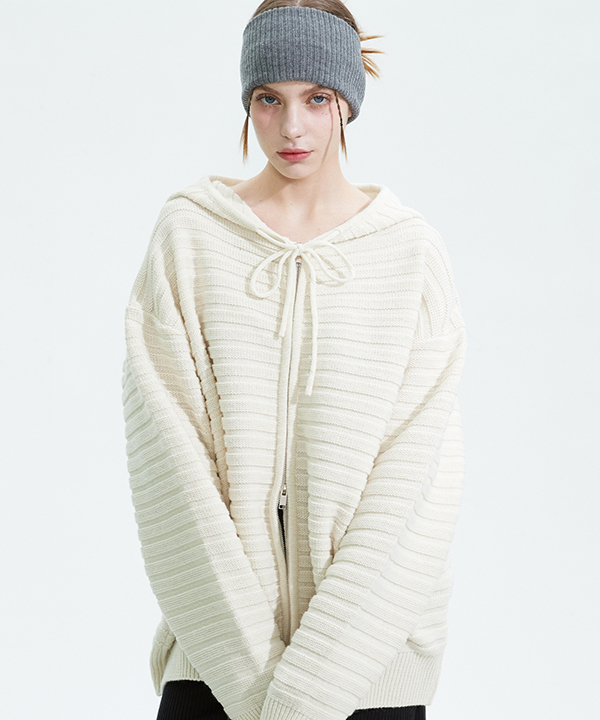 NOI844 wool hoodie zip up knit (cream)